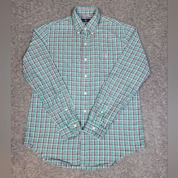 Polo Ralph Lauren Mens Button Down Shirt Size M Green Pink Plaid Preppy - Picture 1 of 11